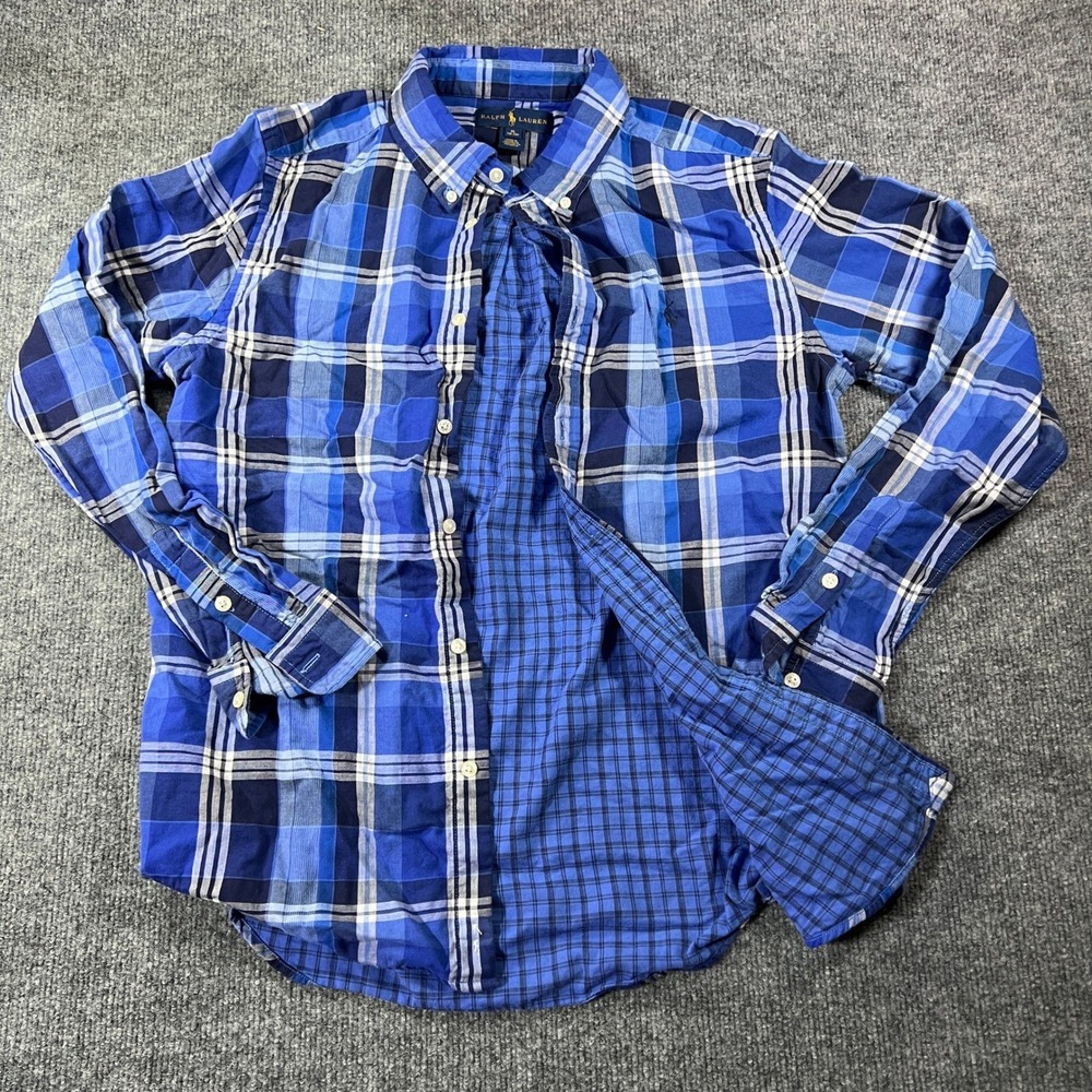 Ralph Lauren Boys XL 18-20 Blue Plaid Button Down Shirt Long Sleeve Cotton Pony